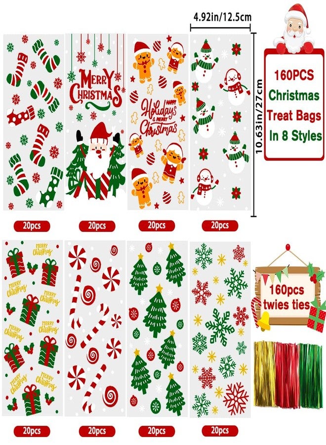 YUJUN 160 PCS Christmas Cellophane Treat Bags,Santa Claus Goodie Candy Xmas Clear Cello Bags Twist Ties for Winter Christmas Theme Party Favor Supplies(8 Styles) - Image 2